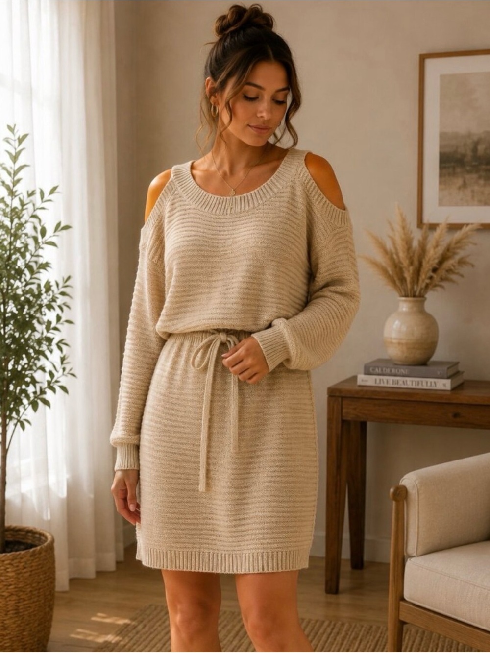 Neutral Ribbed Knit Sweater with Cold-Shoulder Detail